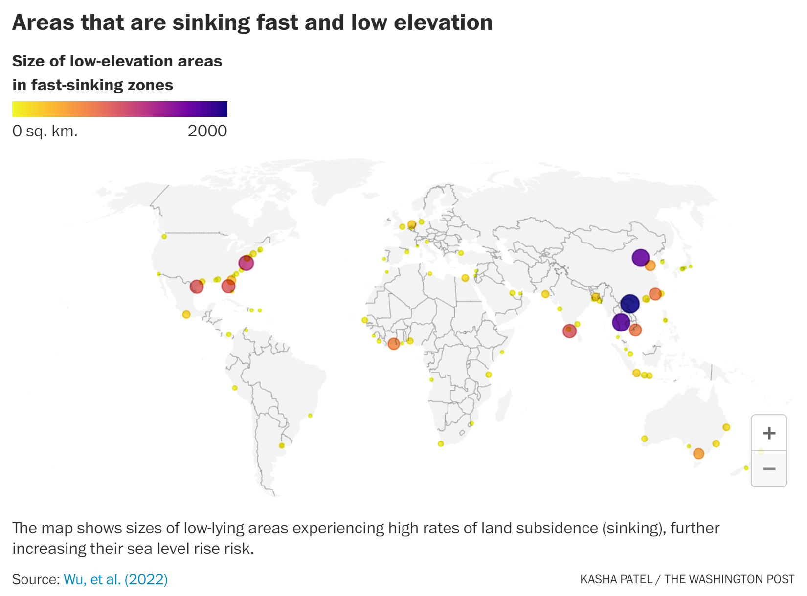 Map showing the size of low-elevation areas in fast-sinking zones. Data: Wu, et al., 2022. Graphic: Kasha Patel / The Washington Post