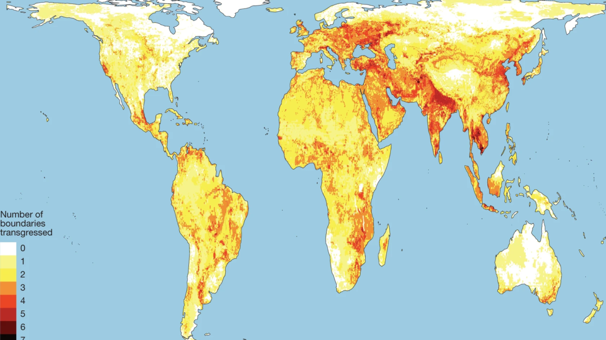 Map showing the number of subglobal climate (two local exposure boundaries), functional integrity, surface water, groundwater, nitrogen, phosphorus and aerosol safe and just Earth system boundaries (ESBs) currently transgressed by location. No more than seven of these eight metrics have their ESBs transgressed in any one pixel. Since climate is a globally defined ESB, we use wet bulb temperatures of over 35°C for at least 1-day per year and low-elevation coastal zones (
