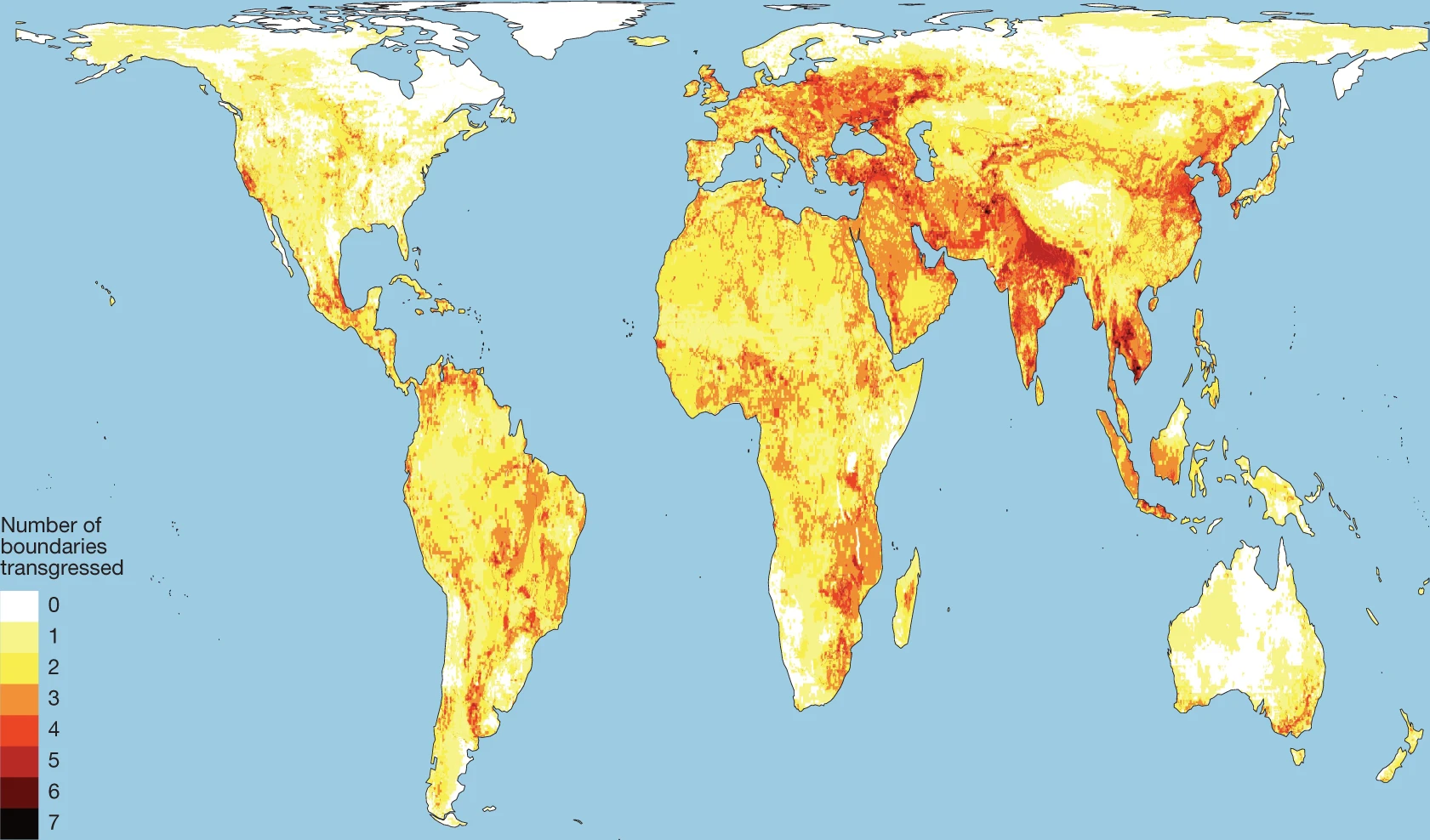Map showing the number of subglobal climate (two local exposure boundaries), functional integrity, surface water, groundwater, nitrogen, phosphorus and aerosol safe and just Earth system boundaries (ESBs) currently transgressed by location. No more than seven of these eight metrics have their ESBs transgressed in any one pixel. Since climate is a globally defined ESB, we use wet bulb temperatures of over 35°C for at least 1-day per year and low-elevation coastal zones (