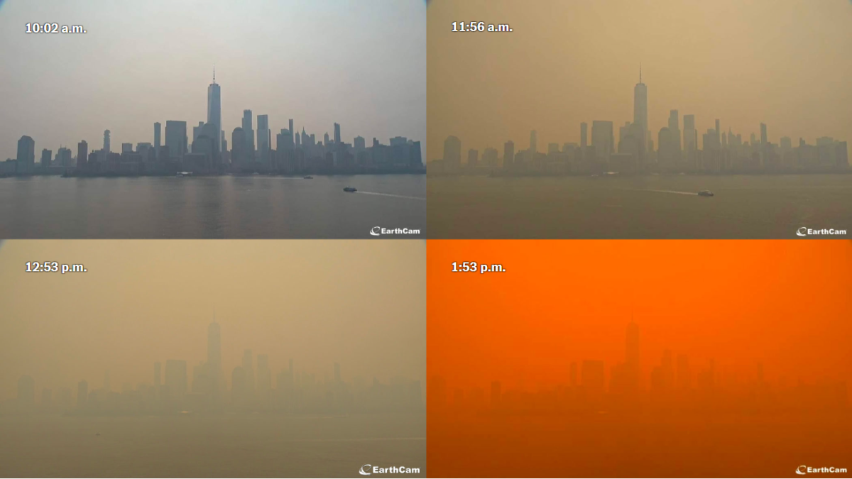 Views of the Manhattan skyline at 10:02 a.m., 11:56 a.m., 12:53 p.m., and 1:53 p.m. as smoke from Canada wildfires engulfed the Northeast U.S. on 7 June 2023. Photo: EarthCam