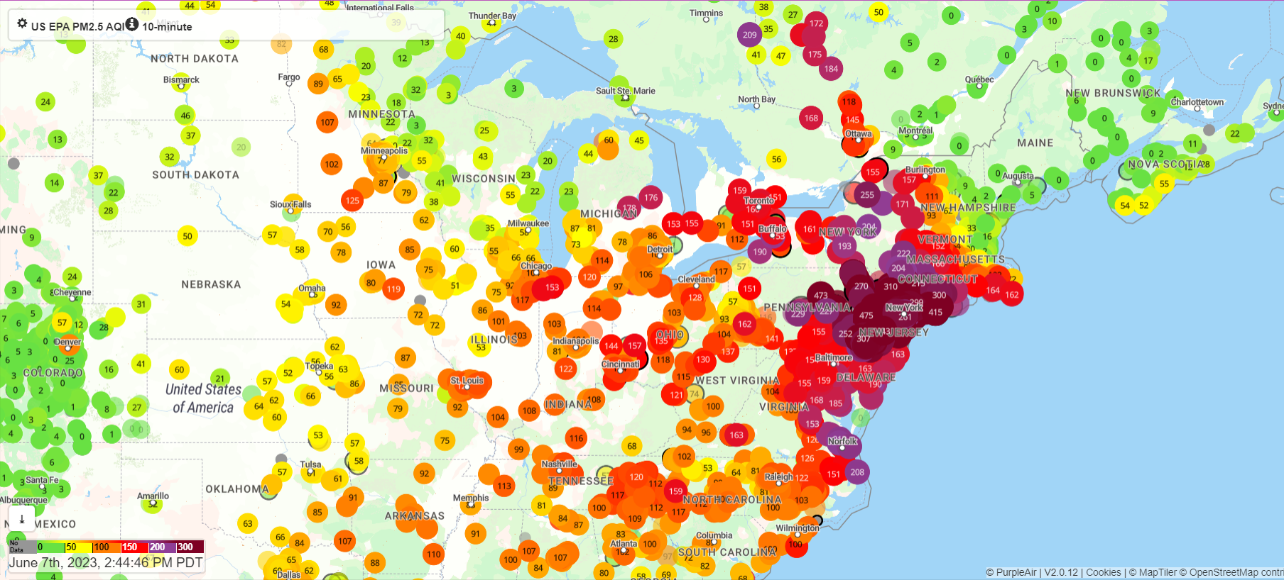 Map showing the U.S. EPA Air Quality Index for PM2.5 pollution in the Eastern U.S. on 7 June 2023. Smoke pollution from Canada wildfires poured into the U.S. East Coast and Midwest on Wednesday, covering the capitals of both nations in an unhealthy haze. Graphic: PurpleAir