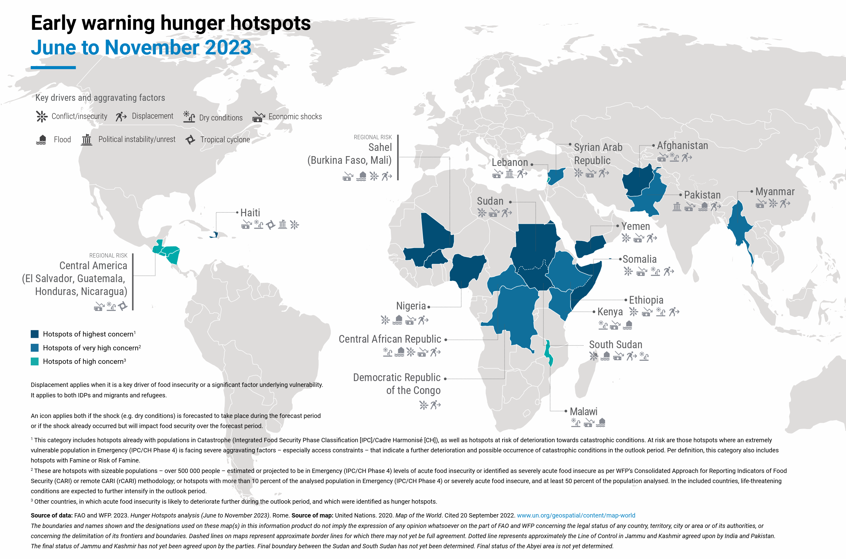 Map showing early warning hunger hotspots, June-November 2023. Hunger was set to worsen in 18 “hotspots” worldwide including Sudan, where fighting put people at risk of starvation, the Food and Agriculture Organization (FAO) and the World Food Programme (WFP) warned in a report published on Monday, 29 May 2023. Sudan, Burkina Faso, Haiti and Mali were elevated to the highest alert level, joining Afghanistan, Nigeria, Somalia, South Sudan and Yemen. Graphic: UN FAO