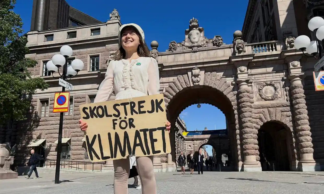 Greta Thunberg stands outside the Swedish parliament in Stockholm during her last School Strike for Climate on 9 June 2023. Photo: Reuters