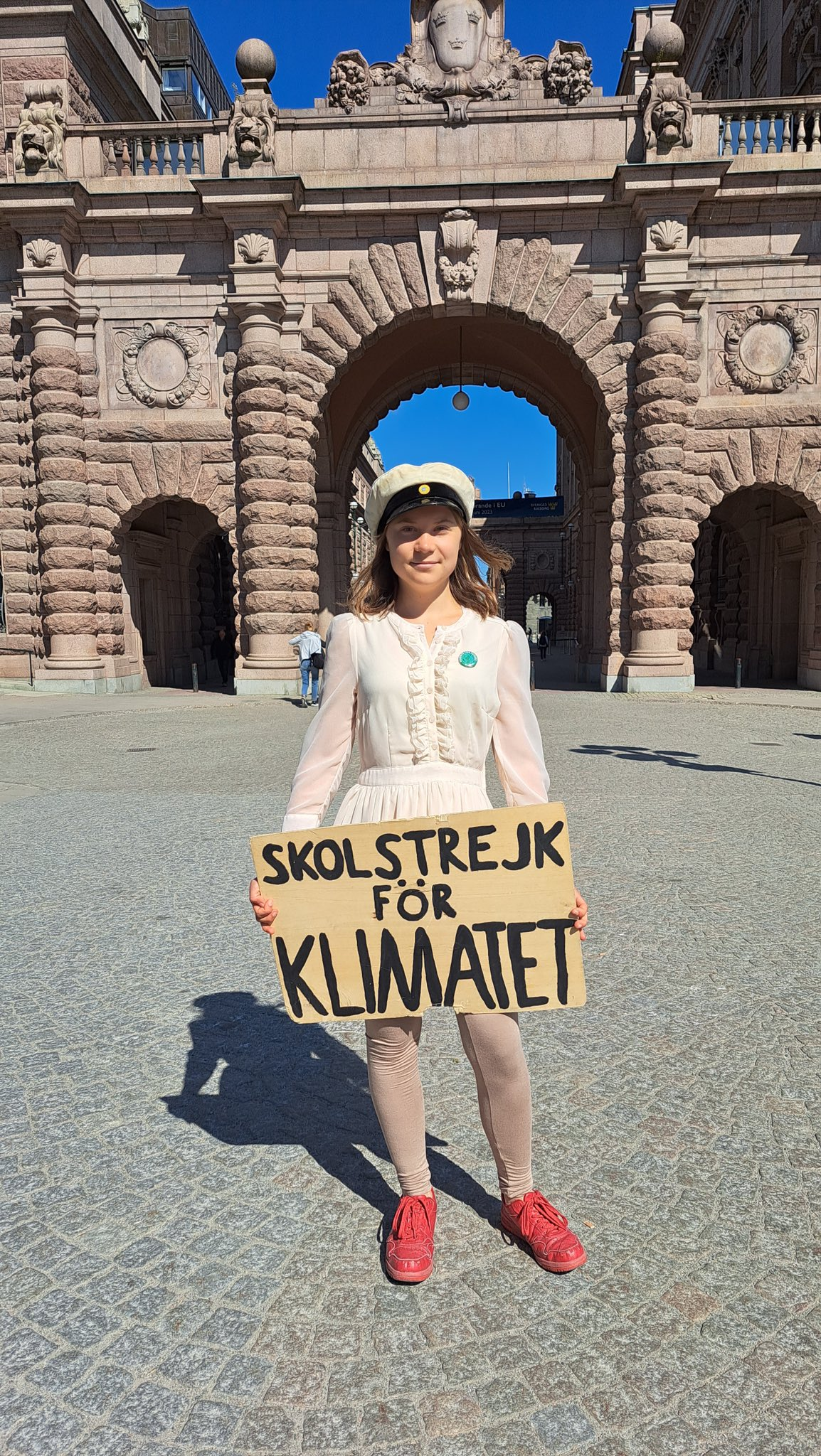 Greta Thunberg stands outside the Swedish parliament in Stockholm during her last “School Strike for Climate” on 9 June 2023. Photo: Greta Thunberg