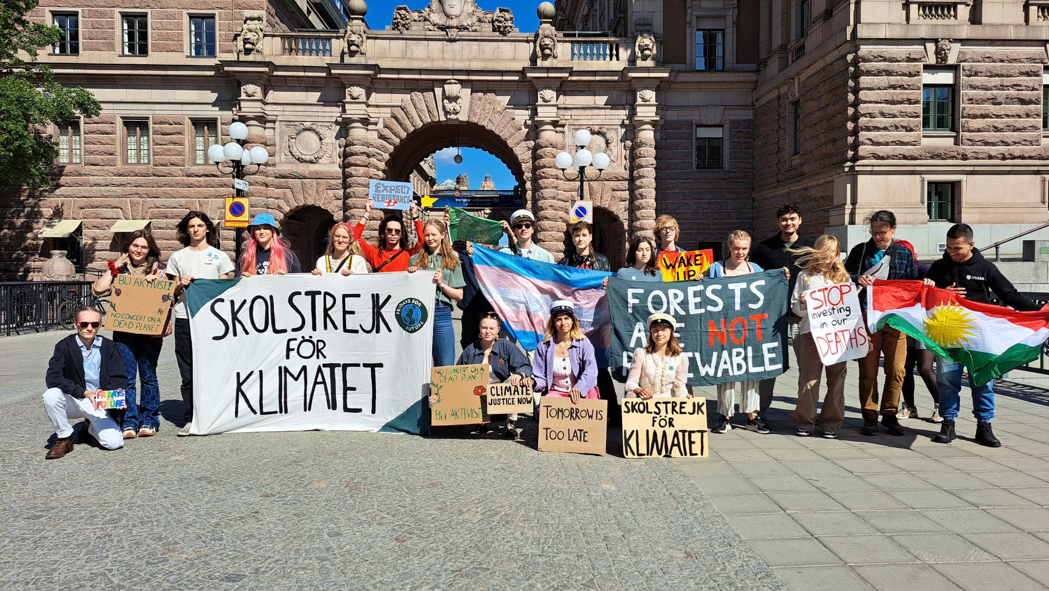 Greta Thunberg and fellow students stand outside the Swedish parliament in Stockholm during her last “School Strike for Climate” on 9 June 2023. Photo: Greta Thunberg