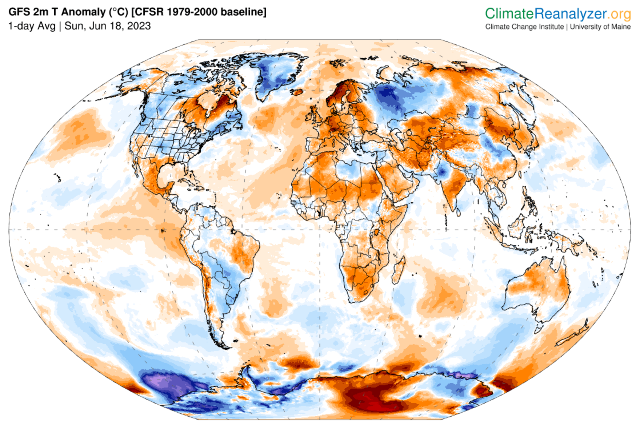 Map showing the global 1-day area-weighted 2m atmospheric temperature anomalies. Temperature anomalies are calculated from the NCEP Climate Forecast System (CFS) and CFS Reanalysis (CFSR). The anomaly values fluctuate day-to-day and week-to-week depending on prevailing weather patterns. For context, daily temperatures for the domains below are available via interactive charts for the entire CFS/CFSR 1979–present record. Anomalies are based on 1979–2000 climatology for the specific day of the year. Graphic: Climate Reanalyzer / Climate Change Institute at the University of Maine