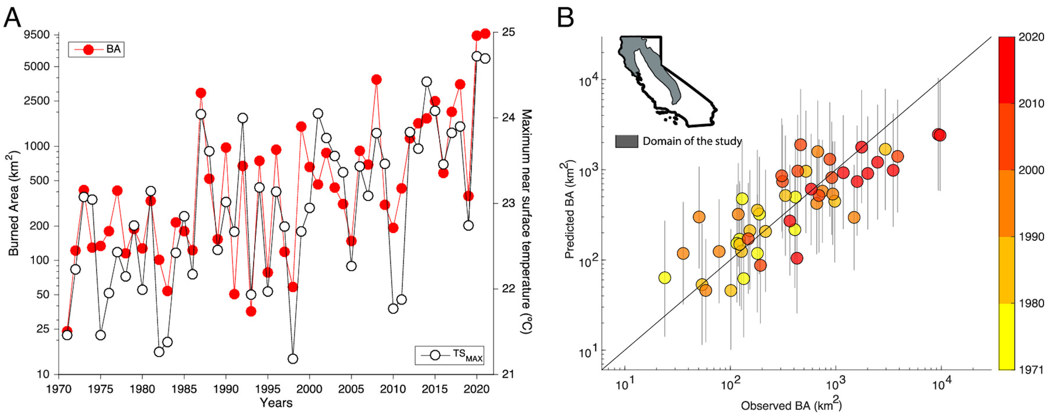 (A) Time series of summer (May to September) forest fire burned area (BA, in red) and spring to summer (April to October) maximum near surface temperature (TSMAX; in black) from 1971 to 2021 in California; (B) observed versus out-of-sample 10-fold predicted changes in BA. Vertical gray lines indicate 2.5th and 97.5th percentiles of 10,000 different predictions. Colors indicate the decade of each sample. The Inset shows a map of California with the domain of interest shaded in gray. Graphic: Turcu, et al., 2023 / PNAS