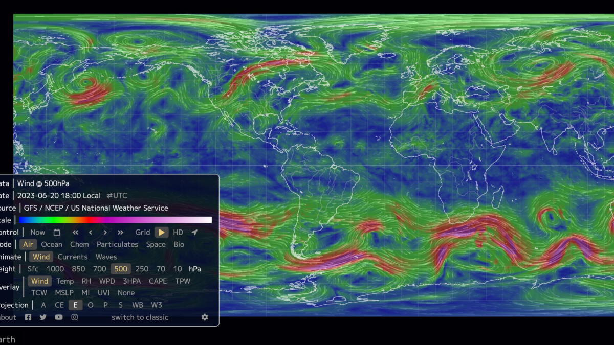 Prof. Michael E. Mann posted this map of wind speeds at at 500 hPa on 20 June 2023. He commented, “I'm honestly at a loss to even characterize the current large-scale planetary wave pattern. Frankly, it looks like a Van Gogh.” Data from https://earth.nullschool.net/#current/wind/isobaric/500hPa/equirectangular. Graphic: earth.nullschool.net