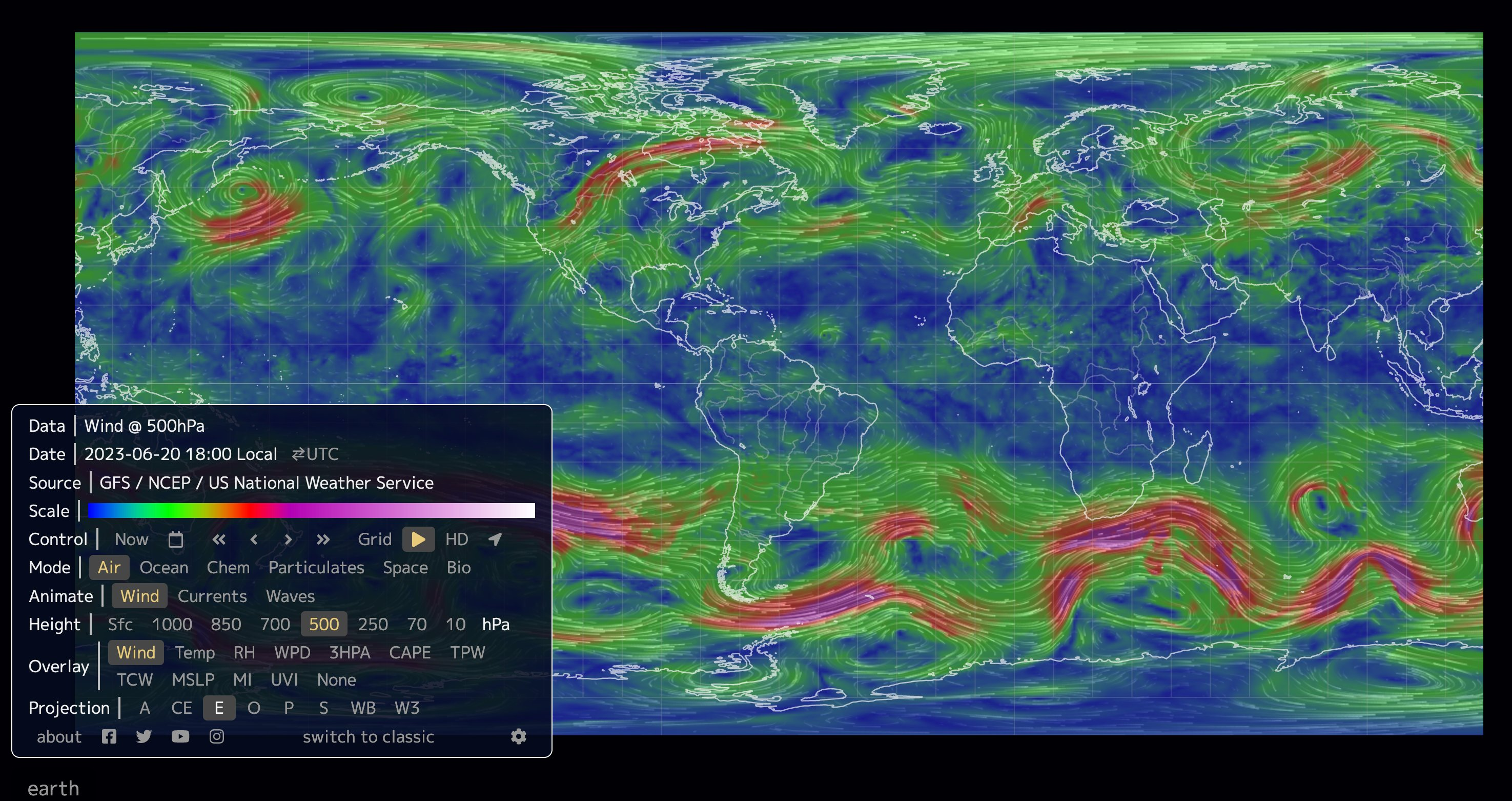 Prof. Michael E. Mann posted this map of wind speeds at at 500 hPa on 20 June 2023. He commented, “I'm honestly at a loss to even characterize the current large-scale planetary wave pattern. Frankly, it looks like a Van Gogh.” Data from https://earth.nullschool.net/#current/wind/isobaric/500hPa/equirectangular. Graphic: earth.nullschool.net