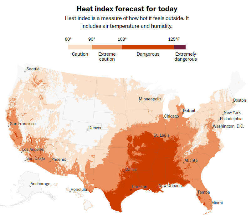 Map showing the heat index in the United States for 30 June 2023. Graphic: The Washington Post