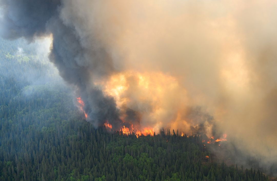 Flames reach upwards along the edge of a wildfire as seen from a Canadian Forces helicopter surveying the area near Mistissini, Quebec, Canada, 12 June 2023. Photo: Cpl Marc-Andre Leclerc / Canadian Forces / REUTERS