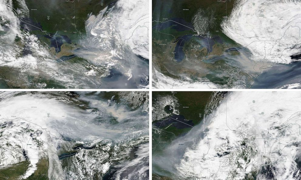 These satellite images from June 6, from top left, June 7, June 25, and June 27, 2023, show the wind movement from wildfire smoke in Quebec, Canada. NASA Worldview / EOSDIS / AP