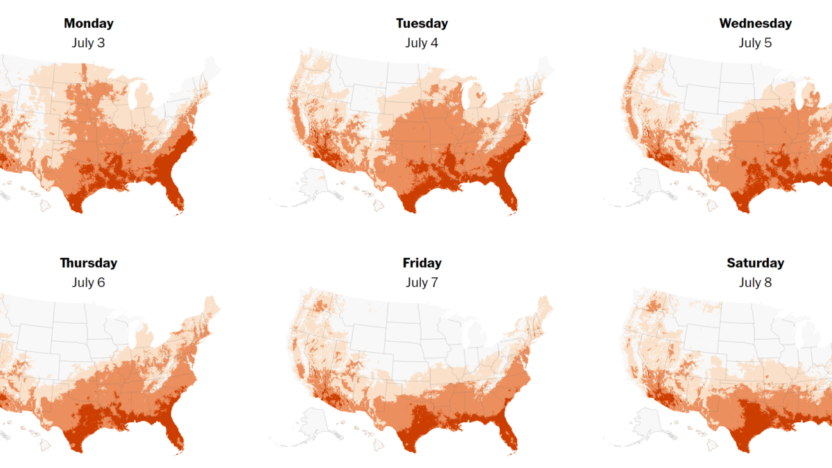 Heat index forecast for the United States, 3 July 2023 - 8 July 2023. An estimated 76 million people in the U.S. were exposed to dangerous heat on 2 July 2023. Graphic: The Washington Post