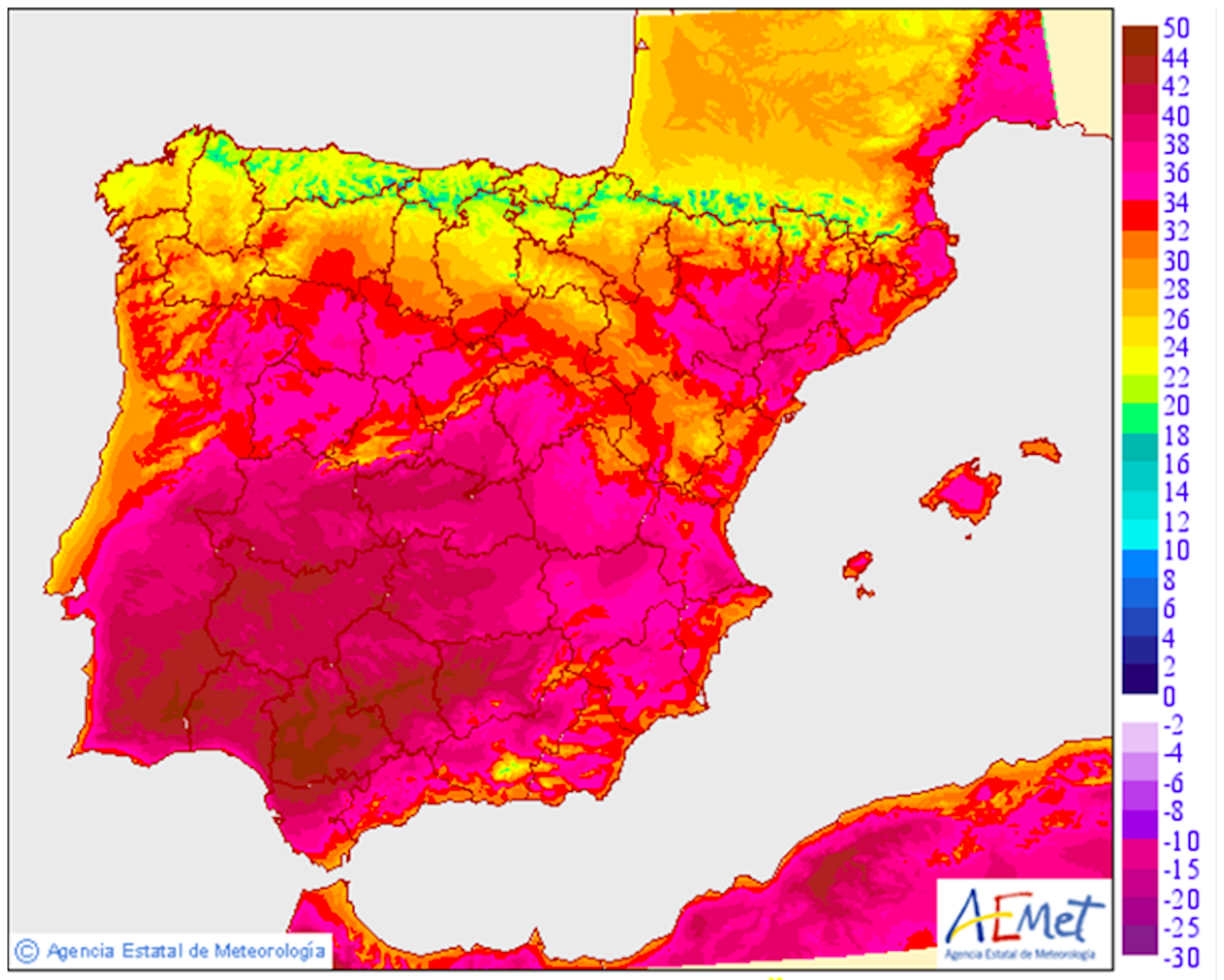 Temperature forecast for the Iberian Peninsula during the week of 26 June 2023. Graphic: AEMET