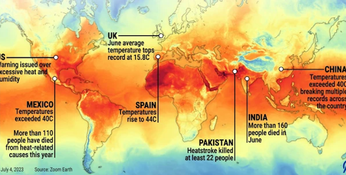 Map showing temperatures around the world and numbers of people killed by heatwaves, 4 July 2023. Data: Zoom Earth. Graphic: Anadolu Agency / Getty