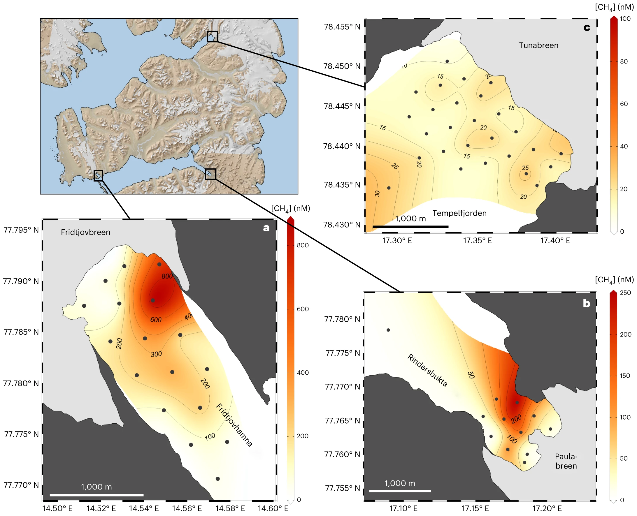 Methane concentrations (nM) are denoted by coloured shading on the maps and are interpolated from the sampling points (grey dots) using Data-Interpolating Variational Analysis. Note the different concentration scale on each map. Concentrations are displayed for subsea-ice surface waters adjacent to three marine-terminating glaciers (glaciers are light grey; land is dark grey). a, Fridtjovbreen (Triassic–Middle Jurassic). b, Paulabreen (Early Cretaceous). c, Tunabreen (Carboniferous and Permian). Water depths are less than 60 m. Land and glacier shapefiles were digitalized manually by tracing Sentinel-2 satellite images. Figure created with Ocean Data View (https://odv.awi.de). Graphic: Kleber, et al., 2023 / Nature Geoscience