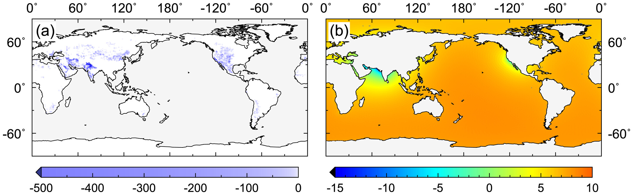 Map showing total groundwater storage change on land (a) and the associated sea level variation (b) for 1993–2010. Units are mm of water. Graphic: Seo, et al., 2023 / Geophysical Research Letters 