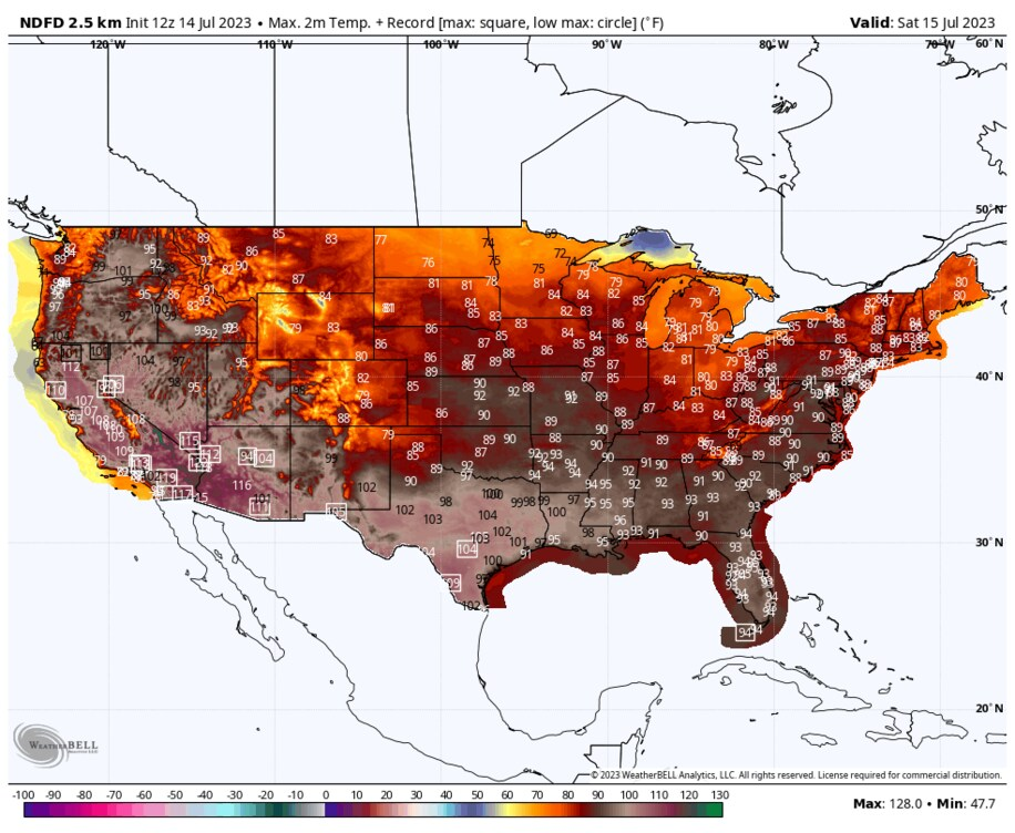 Map showing forecast surface temperature highs in the United States on Saturday, 15 July 2023. Data: National Weather Service. Boxed values are predicted records. Graphic: WeatherBell