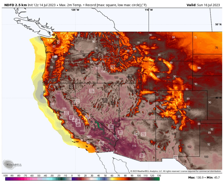 Map showing forecast surface temperature highs in the U.S. West on Sunday, 16 July 2023. Data: National Weather Service. Graphic: WeatherBell