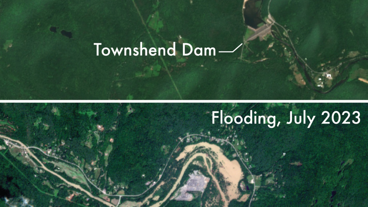 Satellite view Townshend Dam in Vermont on 9 July 2023 (above) and 11 July 2023 (below). On 9 July 2023, the reservoir held just 1 percent of its maximum capacity. Two days later it was at 82 percent and rising. Southern Vermont experienced catastrophic, generational flooding during Tropical Storm Irene in July 2023. Photo: Evan Dethier