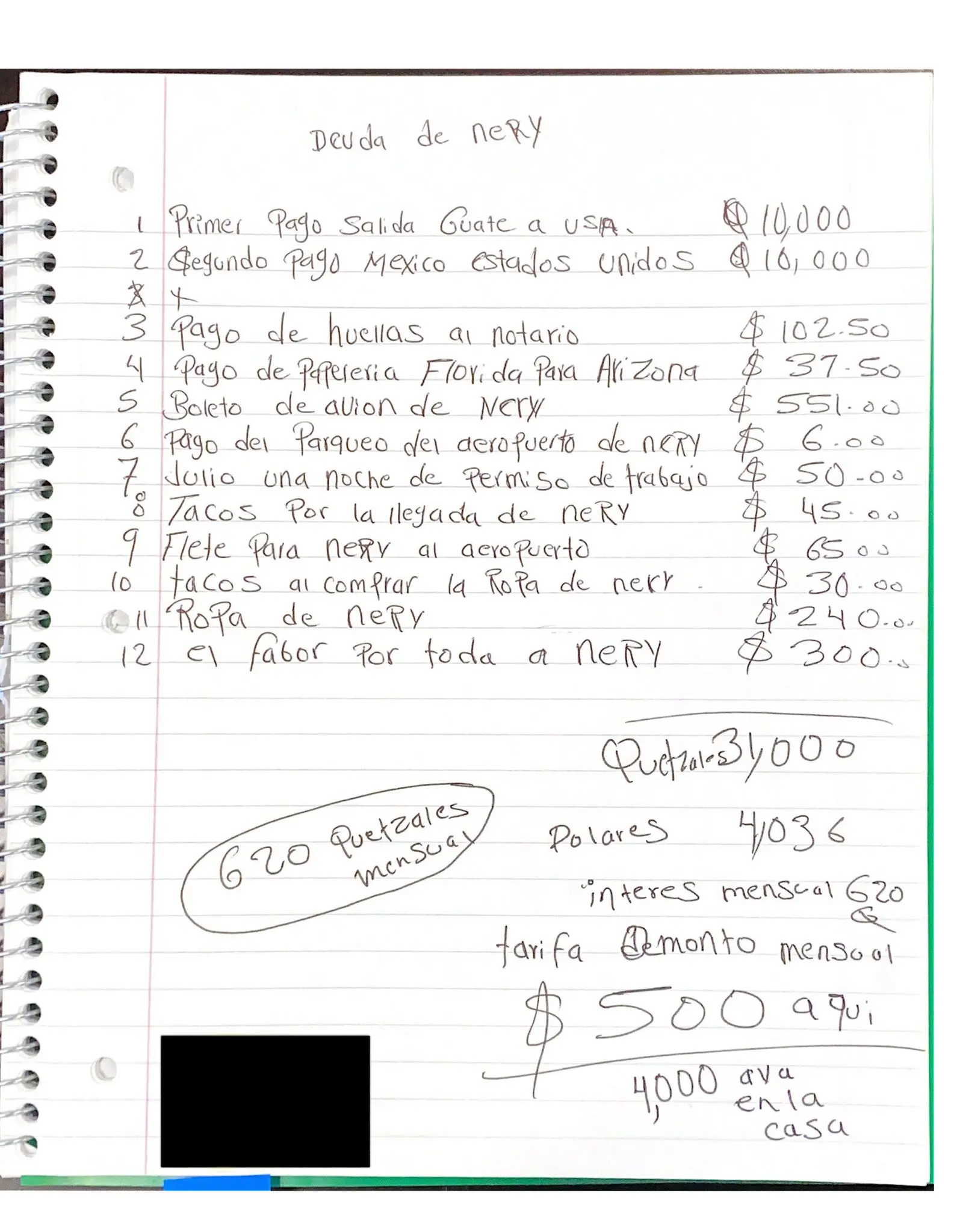 A handwritten ledger, in Spanish, of Nery Cutzal’s debts to his sponsor, including money for tacos and clothes. The child owed more than $4,000, plus interest. Court information has been redacted for privacy. Photo: The New York Times
