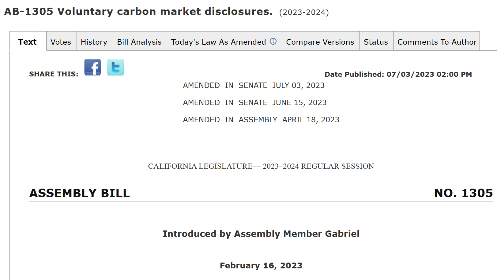 Screenshot of California Assembly Bill AB-1305, “Voluntary carbon market disclosures”. Graphic: California Legislature