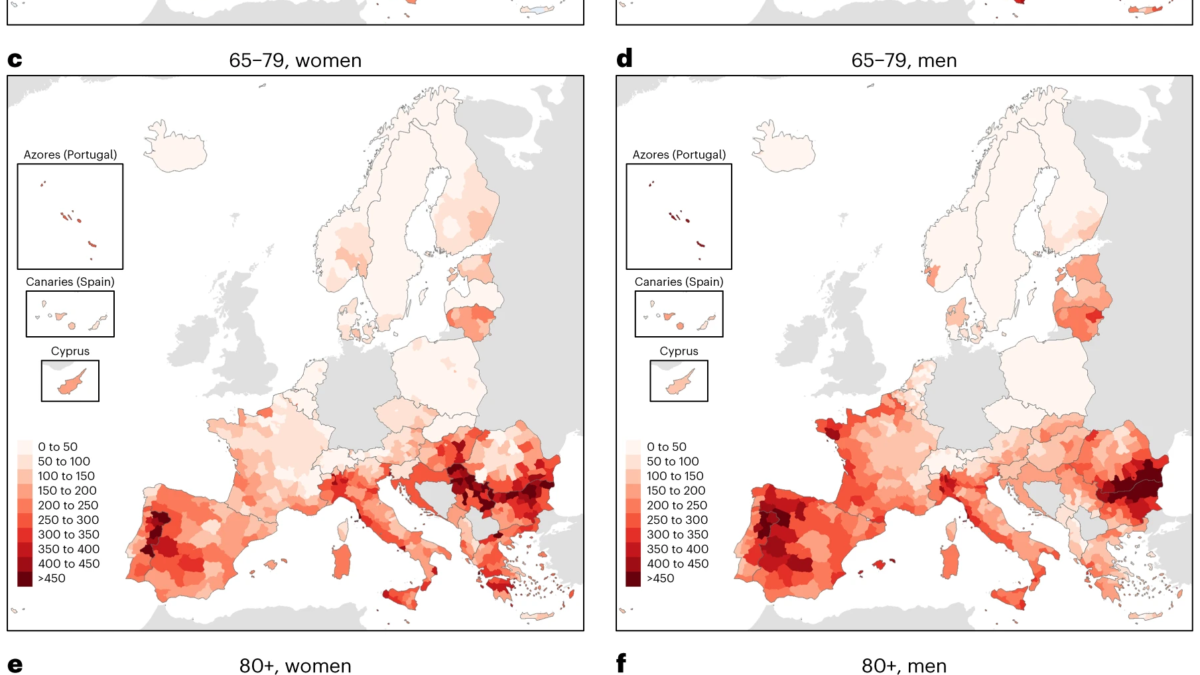 Map of regional temperature anomaly and heat-related mortality rate in Europe during the summer of 2022. a, Regional temperature anomaly (°C) averaged over the summer. b–f, Regional heat-related mortality rate (summer deaths per million) aggregated over the summer for the whole population (b), women aged 65–79 years (c), men aged 65–79 years (d), women aged 80+ years (e) and men aged 80+ years (f). Summer refers to the 14-week period between 30 May and 4 September 2022 (weeks 22–35). Graphic: Ballester, et al., 2023 / Nature Medicine