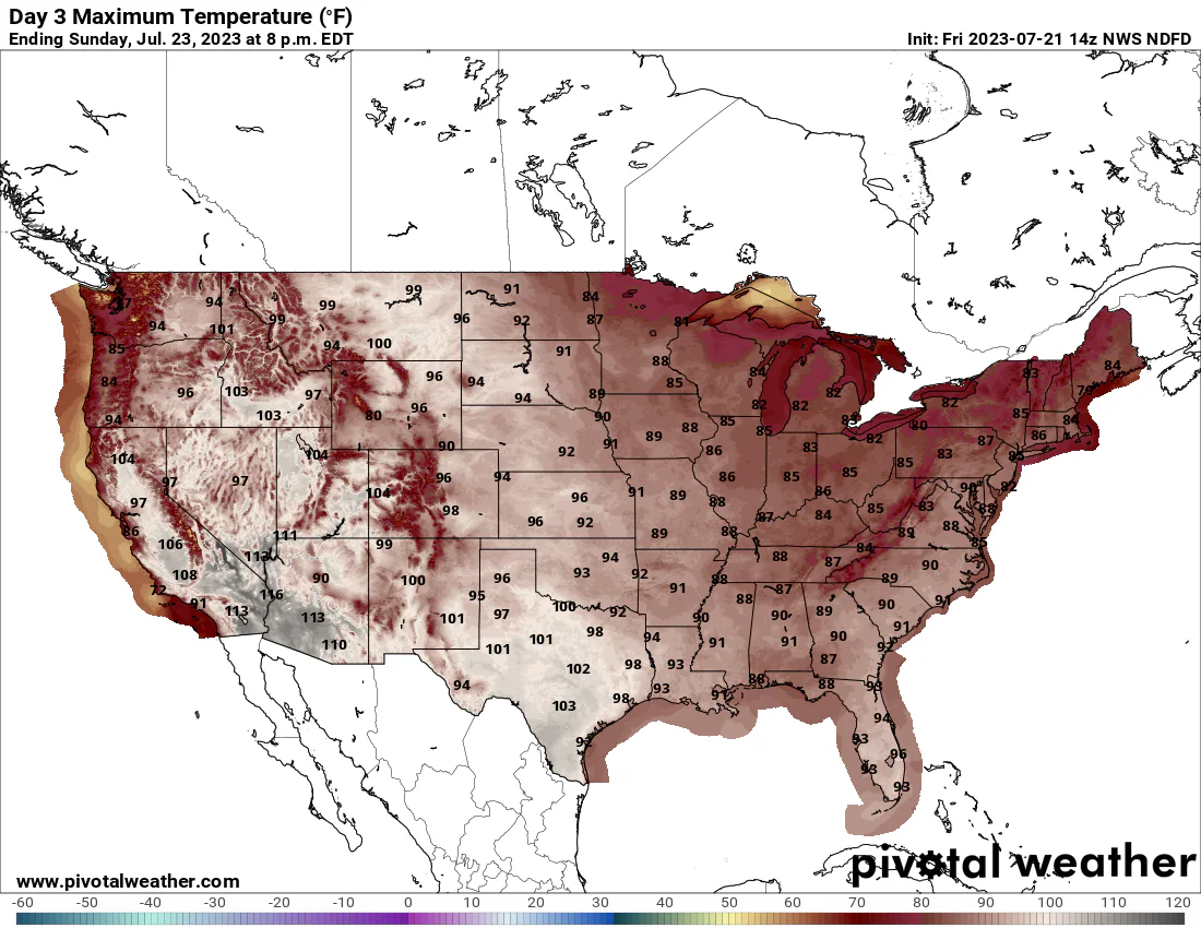 Map showing the National Weather Service forecast for heat in the U.S. on Sunday, 23 July 2023. Graphic: Pivotal Weather