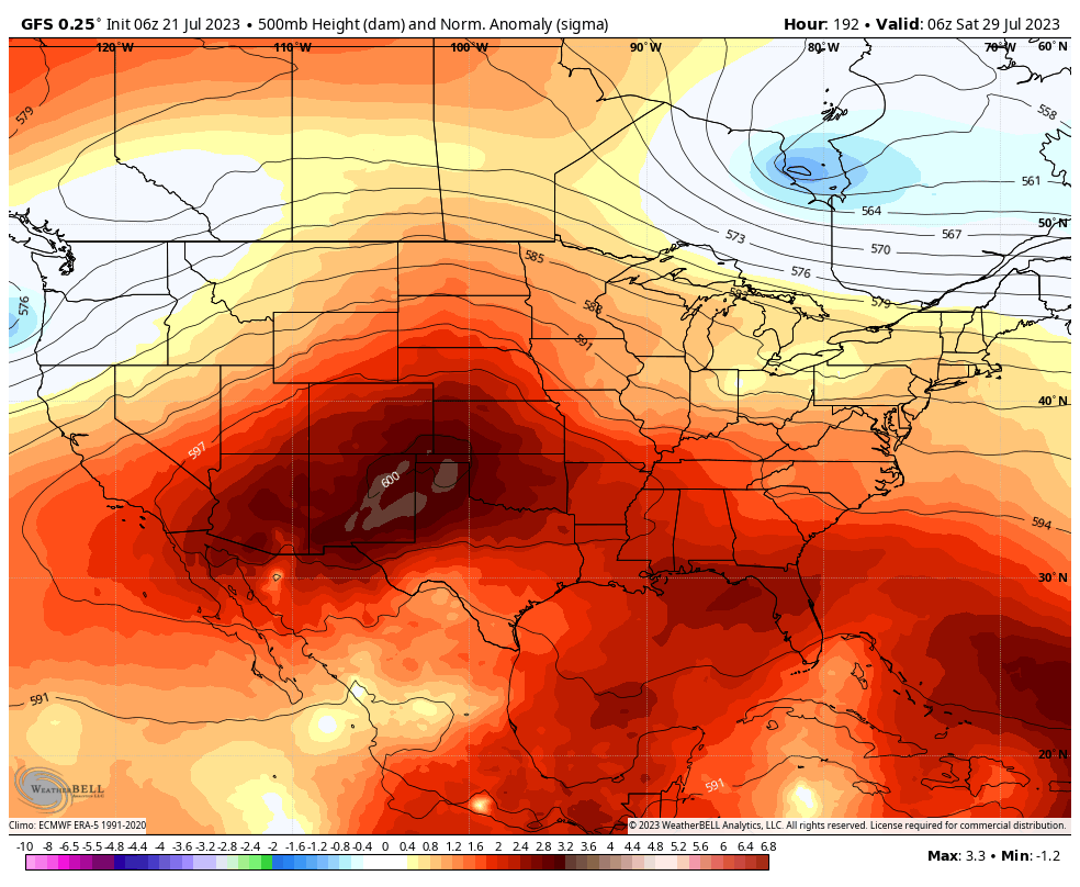 Map showing the American GFS model forecast for the heat dome covering the U.S., 29 July 2023. Graphic: WeatherBell