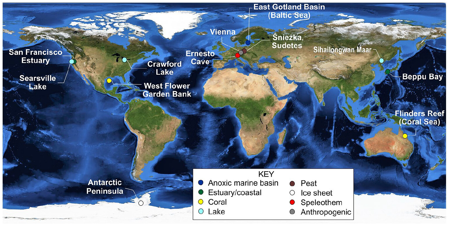 Map showing the location of the 12 candidate and other reference localities used for determining the global boundary stratotype section and point of the Anthropocene series, indicating the depositional environment. Satellite image: NASA visible earth. Reproduced from Head et al., 2022. Graphic: Waters, et al., 2023 / The Anthropocene Review