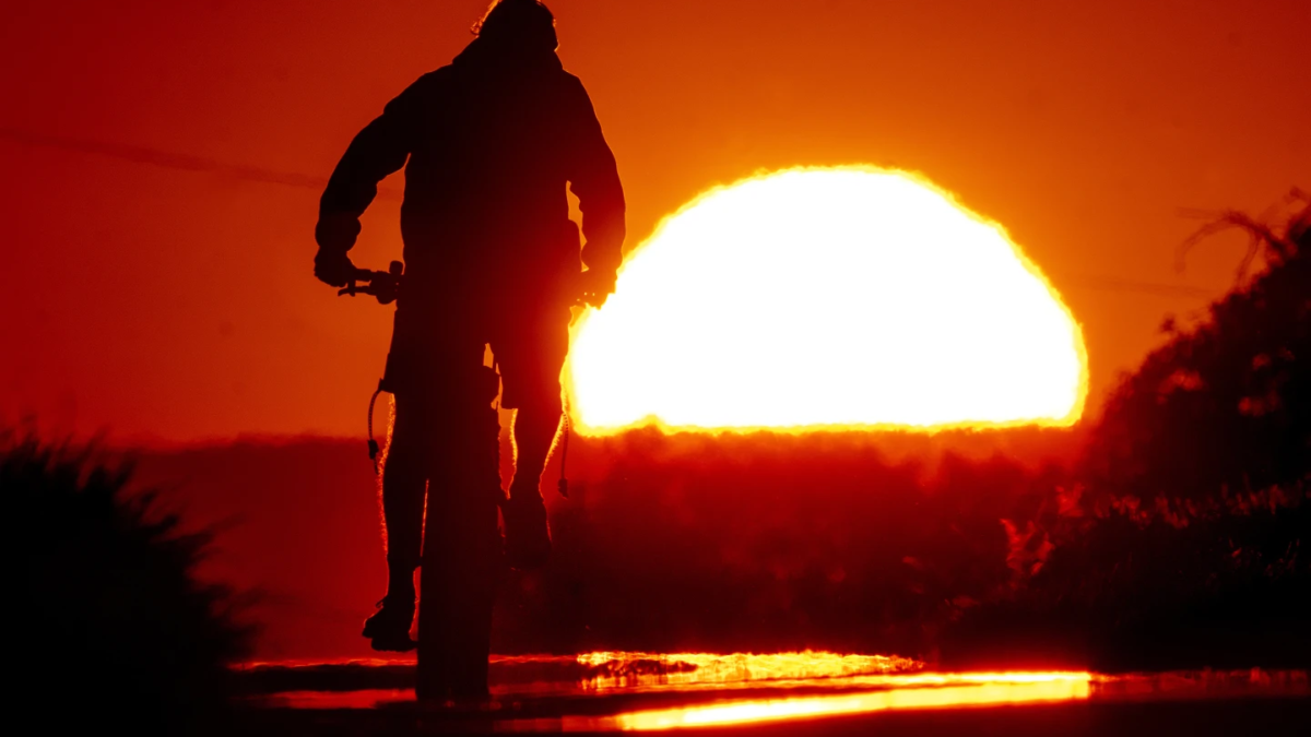 A man rides a bike on a small road on the outskirts of Frankfurt, Germany, as the sun rises on Friday, 7 July 2023. Photo: Michael Probst / AP Photo