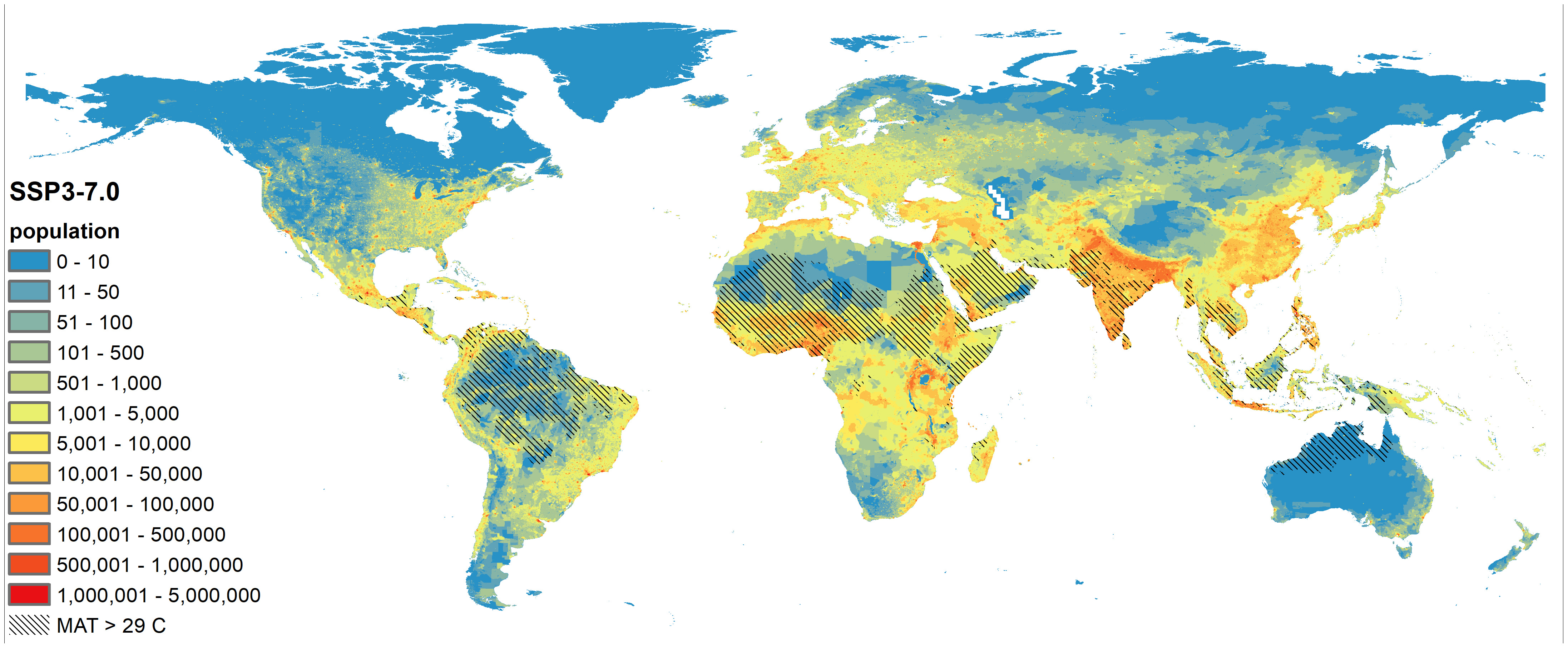 Map showing the overlap between future population distribution and extreme heat. CMIP6 model data from nine GCM models available from the WorldClim database were used to calculate mean annual temperature (MAT) under SSP3-7.0 during around 2070 (2060-2080) alongside Shared SSP3 demographic projections to ∼2070. The shaded areas depict regions where MAT exceeds 29°C, while the colored topography details the spread of population density. This figure shows how projected population density intersects with extreme >29°C MAT (such temperatures are currently restricted to only 0.8 percent of Earth’s land surface area). Using the medium-high scenario of emissions and population growth (SSP3-7.0 emissions, and SSP3 population growth), by 2070, around 2 billion people are expected to live in these extremely hot areas. Currently, only 30 million people live in hot places, primarily in the Sahara Desert and Gulf Coast. The most vulnerable states and communities will continue to be the hardest hit in a warming world, exacerbating inequities. Graphic: Kemp, et al., 2022 / PNAS