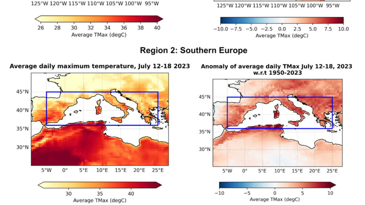 Maximum July temperatures averaged over the length of the heat events defined for the WWA study published on 25 July 2023 (left-hand side) and the same but expressed in anomalies with respect to 1950-2023 (right-hand side). The first row shows the Western USA and Mexico, the second Southern Europe and the third row China. Graphic: World Weather Attribution