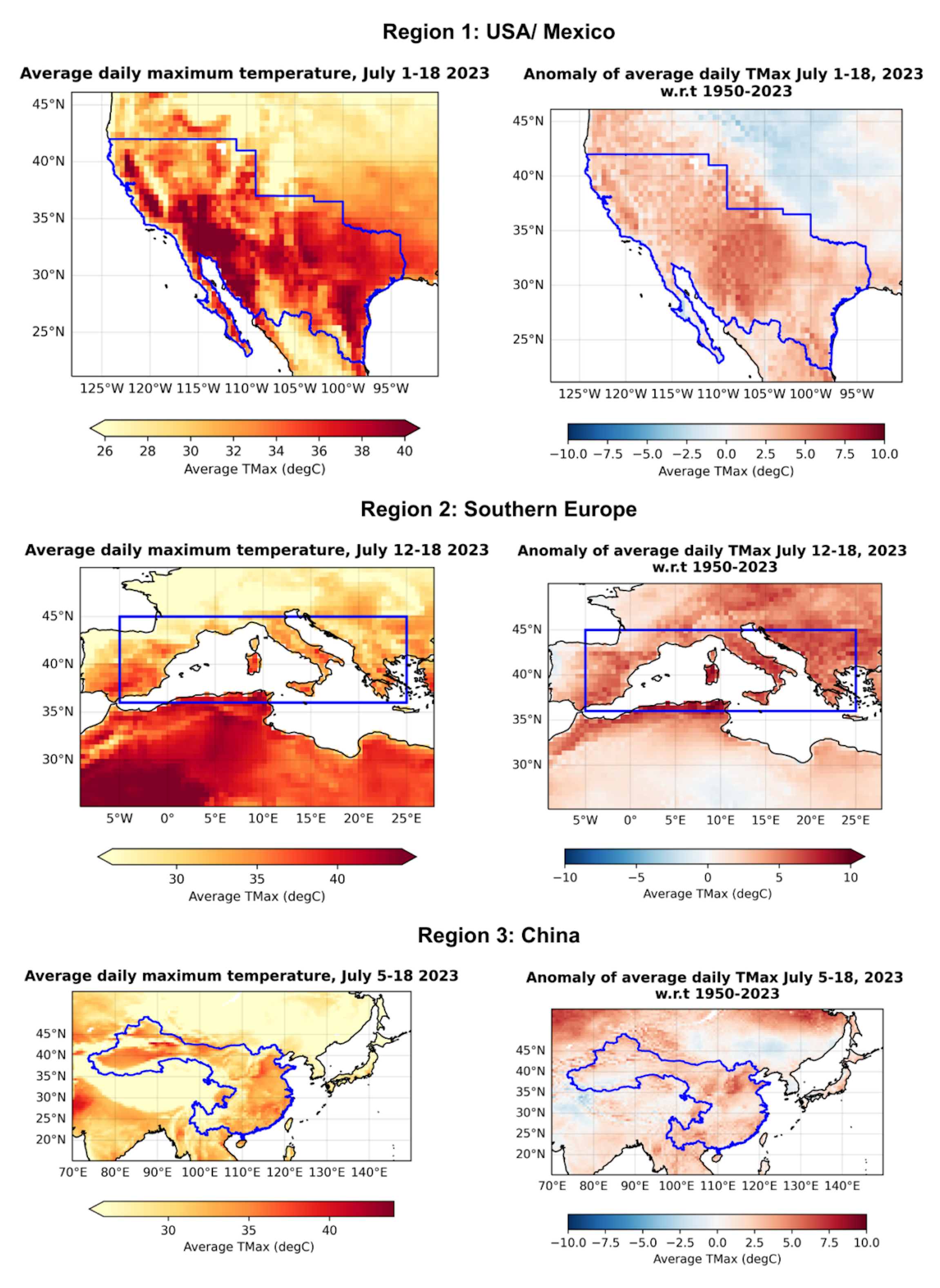 Maximum July temperatures averaged over the length of the heat events defined for the WWA study published on 25 July 2023 (left-hand side) and the same but expressed in anomalies with respect to 1950-2023 (right-hand side). The first row shows the Western USA and Mexico, the second Southern Europe and the third row China. Graphic: World Weather Attribution