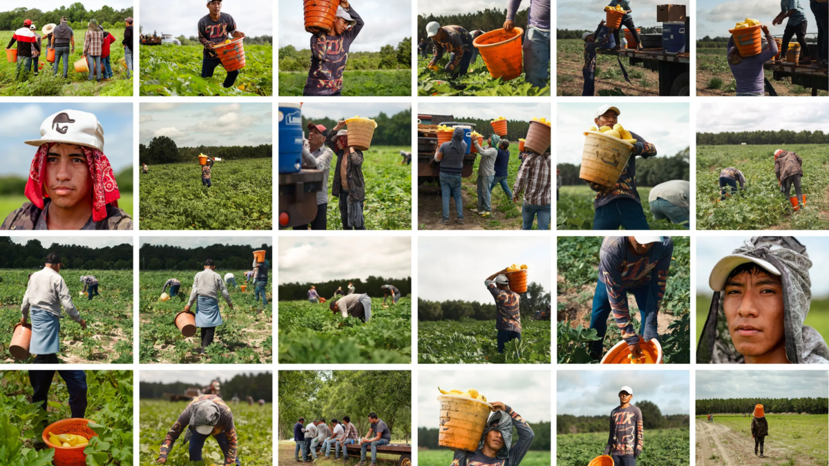 Migrant workers from Mexico, working on six-month visas, pick squash and peppers on a farm in Lyons, Georgia, in July of 2023. Photo: José Ibarra Rizo / TIME