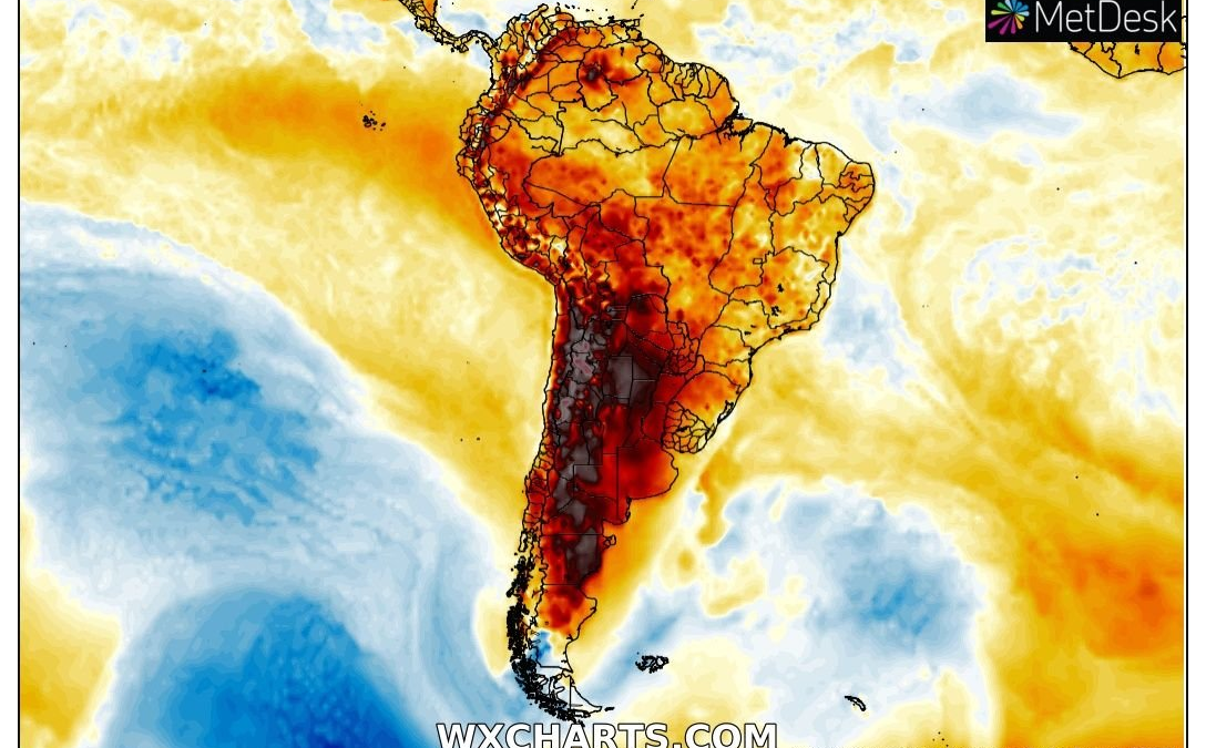 Map of surface temperature in South America on 1 August 2023. The winter of 2023 in South America saw temperatures as high as 38.9°C in the Chilean Andes, much higher than what Southern Europe had in mid-summer at the same elevation. Graphic: MetDesk / WXCharts.com