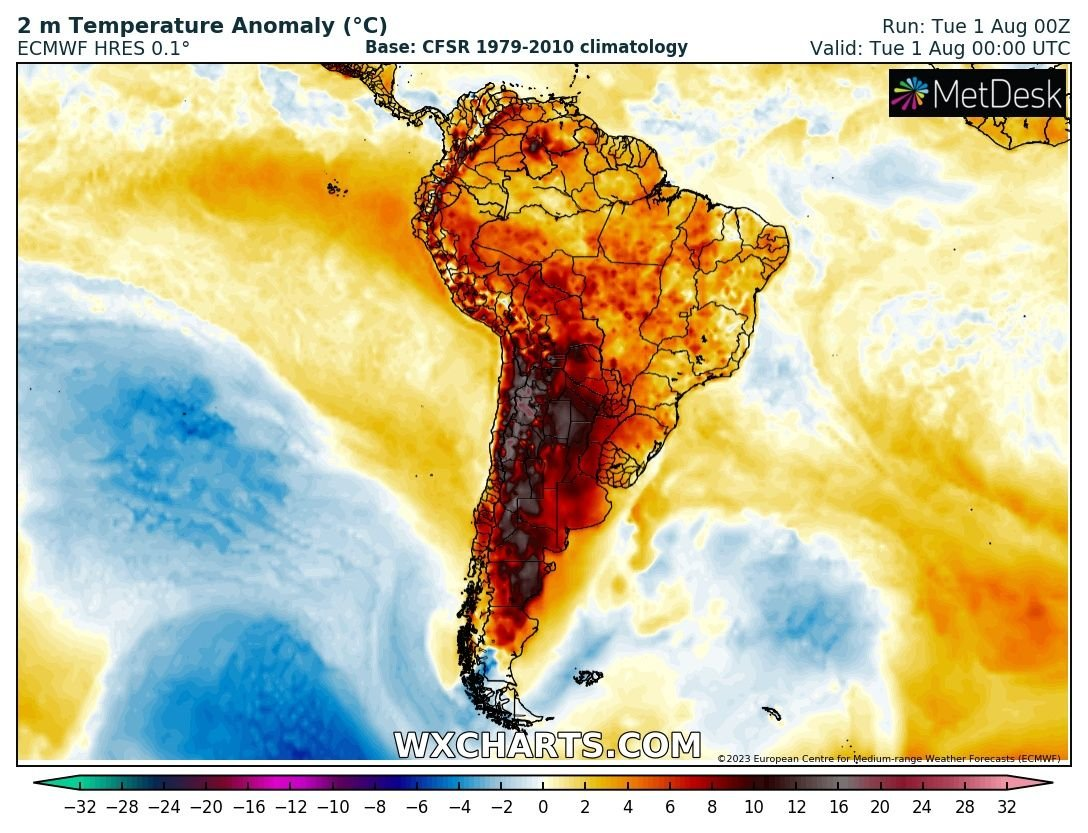 Map of surface temperature in South America on 1 August 2023. The winter of 2023 in South America saw temperatures as high as 38.9°C in the Chilean Andes, much higher than what Southern Europe had in mid-summer at the same elevation. Graphic: MetDesk / WXCharts.com