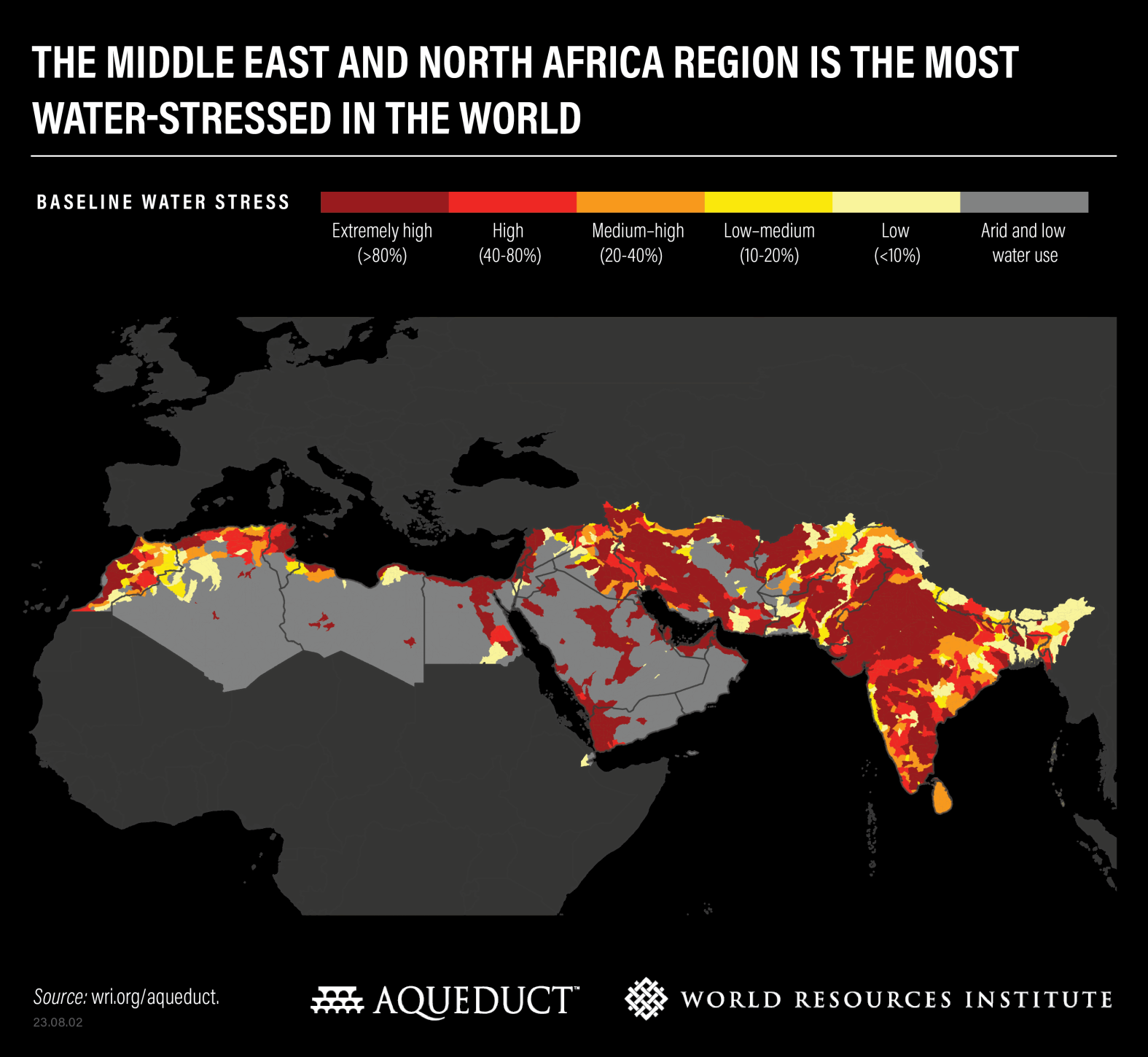 Map showing global baseline water stress in 2023 for countries in the Middle East, North Africa, and Indian subcontinent. Data: wri.org/aqueduct. Graphic: WRI