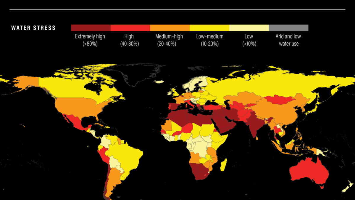 Map showing global water stress projected to 2050. By 2050, an additional 1 billion people are expected to live with extremely high water stress, even if the world limits global temperature rise to 1.3 degrees C to 2.4 degrees C (2.3 degrees F to 4.3 degrees F) by 2100, an optimistic scenario. Global water demand is projected to increase by 20 percent to 25 percent by 2050, while the number of watersheds facing high year-to-year variability, or less predictable water supplies, is expected to increase by 19 percent. Data: wri.org/aqueduct. Graphic: WRI