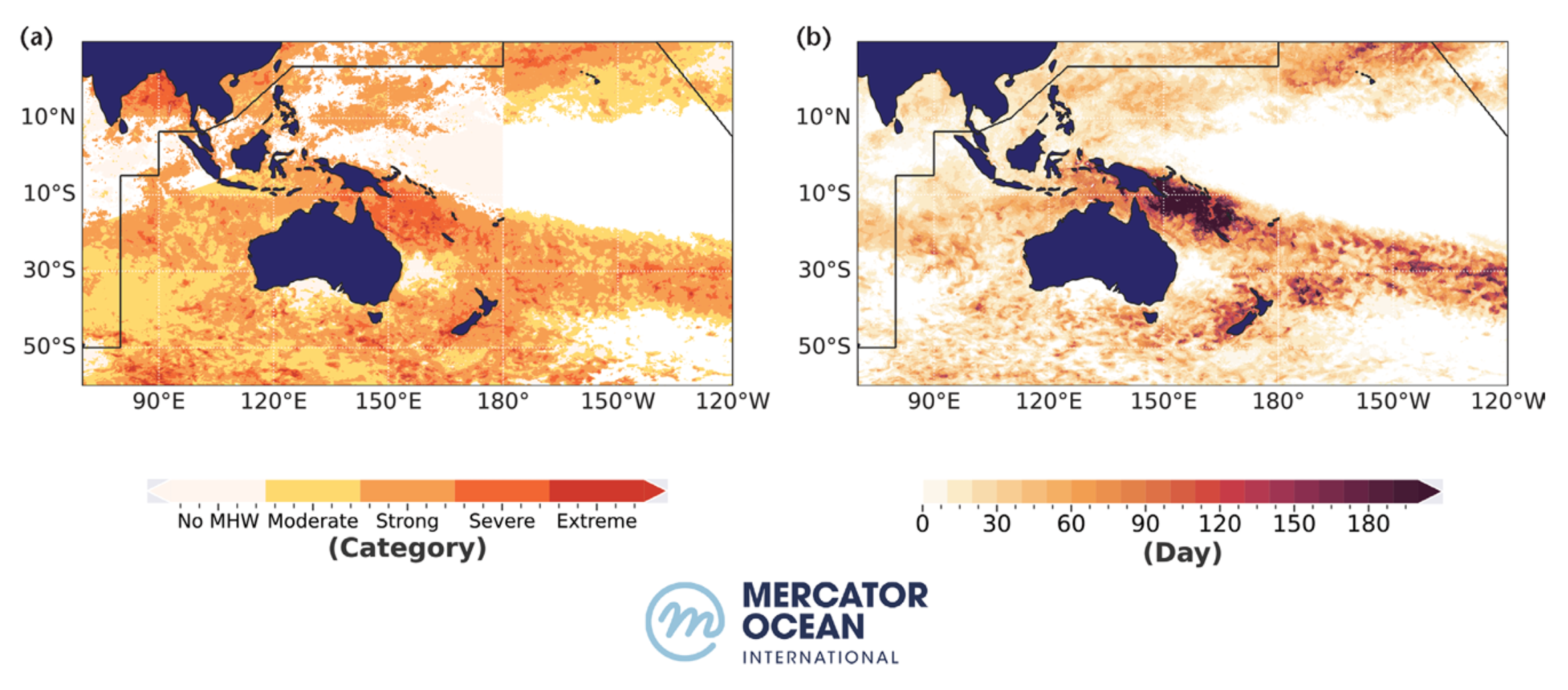 Maximum categories of marine heatwaves in the Pacific Ocean, and (b) the maximum duration over the year 2022  Source: Mercator Ocean international, France; derived from the Copernicus Marine Service remote sensing products available at https://doi.org/10.48670/moi-00168 (for 1982–2021) and https://doi.org/10.48670/moi-00165 (for 2022). Graphic: WMO