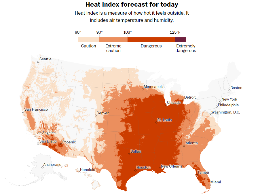 Map showing the heat index forecast in the United States on 24 August 2023. 110 million people in the U.S. were exposed to dangerous heat today. Graphic: The Washington Post