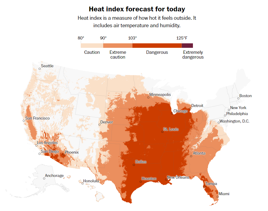 Map showing the heat index forecast in the United States on 24 August 2023. 110 million people in the U.S. were exposed to dangerous heat today. Graphic: The Washington Post