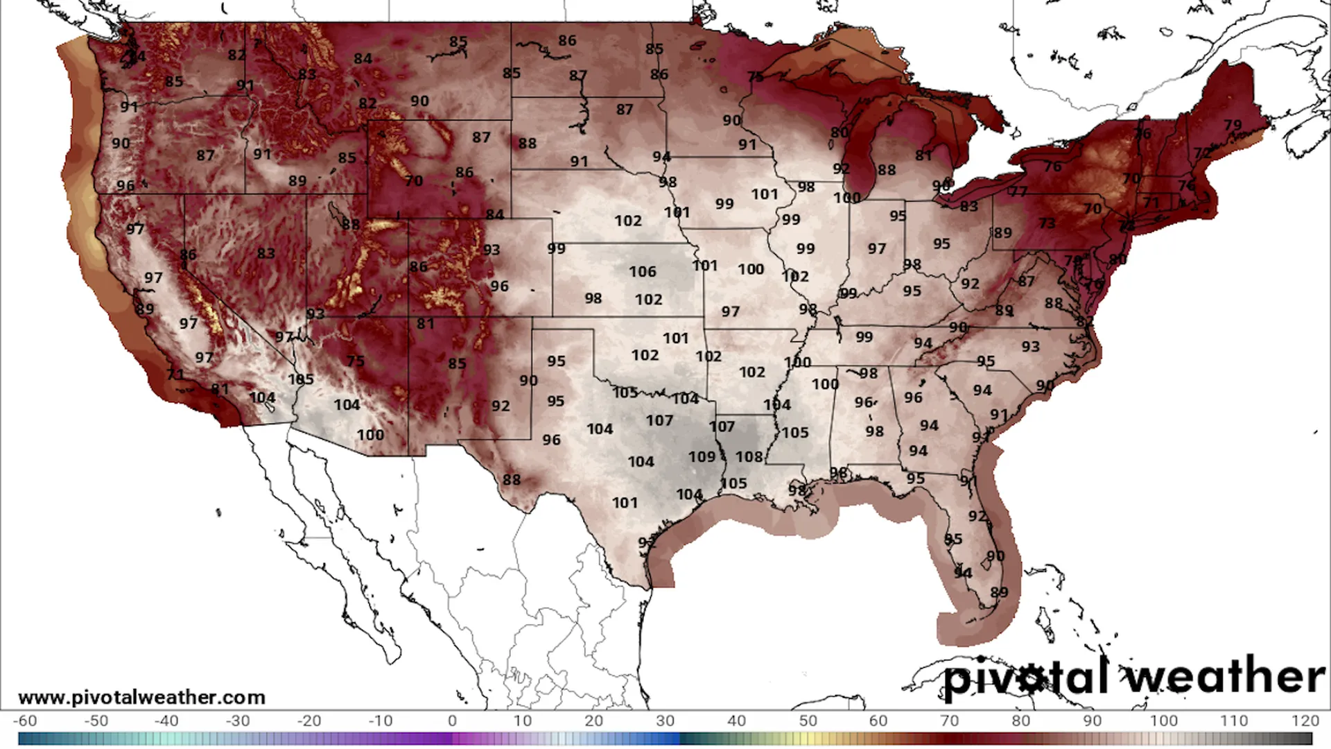 NWS forecast map for daily high temperatures on 24 August 2023. Historical weather data indicates that the heat dome was stronger than that seen in August 1936, during the Dust Bowl-era. Graphic: Pivotal Weather
