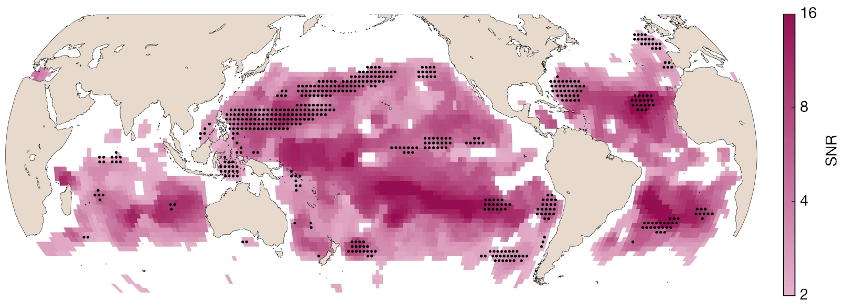 Map of locations where the ocean-colour trend SNR is higher than 2 for a 20-year annual time series. The intensity of the purple colour indicates the SNR. Black stippling indicates regions with significant trends in Chl as well (12 percent of the ocean). MODIS-Aqua data from July 2002 to June 2022. Graphic: Cael, et al., 2023 / Nature