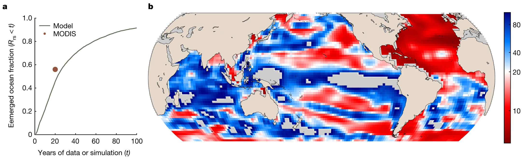 The modelled Rrs ToE of 20 years or less is similar to the location and extent of the observed 20-year data where SNR is higher than 2. a, Cumulative distribution function of the ToE of the ocean-colour trend in the model simulation. The orange point indicates the fraction of the total surface-ocean area with a significant trend in the 20-year MODIS-Aqua time series. Compare this with Fig. 10 in ref. 2, which shows less than 10% of the ocean with an emerged Chl trend after 20 years. b, Map of the ToE in the model simulation (median = 22 years). Grid cells are coloured by percentile, with white at 20 years, such that all white and red grid cells have a ToE of 20 years or less, and all blue grid cells have a ToE of more than 20 years. Grey grid cells do not have significant Rrs trends over the twenty-first century. See ref. 2 for a similar plot for Chl. Graphic: Cael, et al., 2023 / Nature