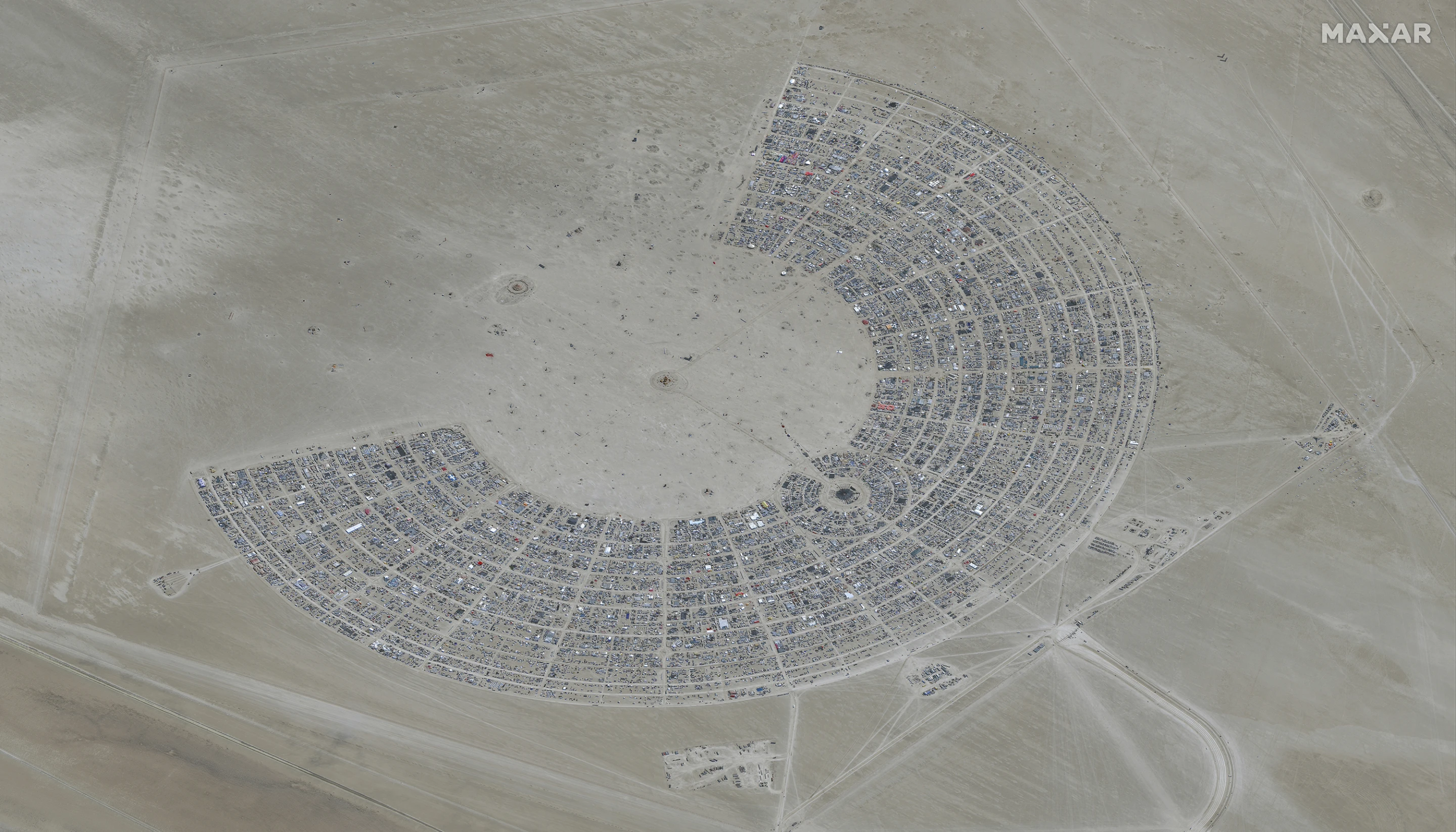 Satellite view of the Burning Man festival in Black Rock, Nevada on Monday, 28 August 2023. Photo: Maxar Technologies / AP