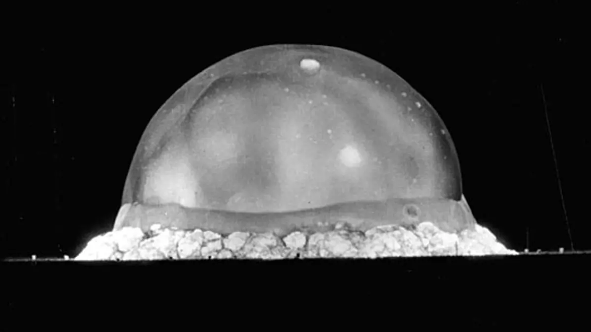 The Trinity test fireball, 25 thousandths of a second after its detonation at the Alamogordo bombing range in New Mexico at 5:29 a.m. Mountain time on 16 July 1945. Photo: Los Alamos National Laboratory