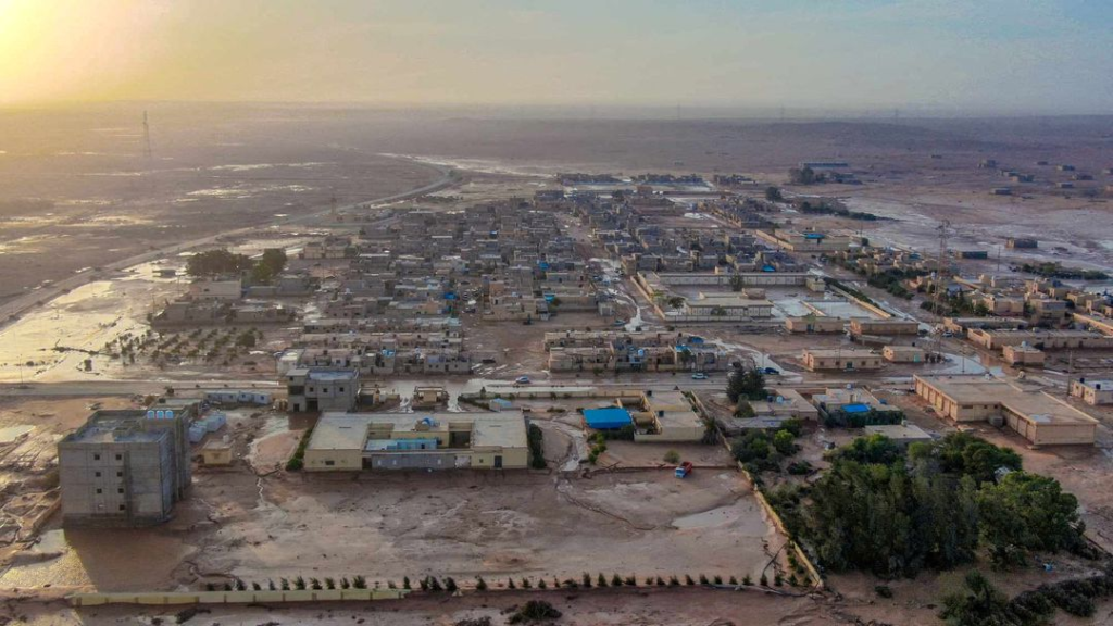 Aerial view of flood water covering the area as a powerful storm and heavy rainfall hit hit Al-Mukhaili, Libya on 11 September 2023. Photo: Libya Al-Mukhaili / REUTERS