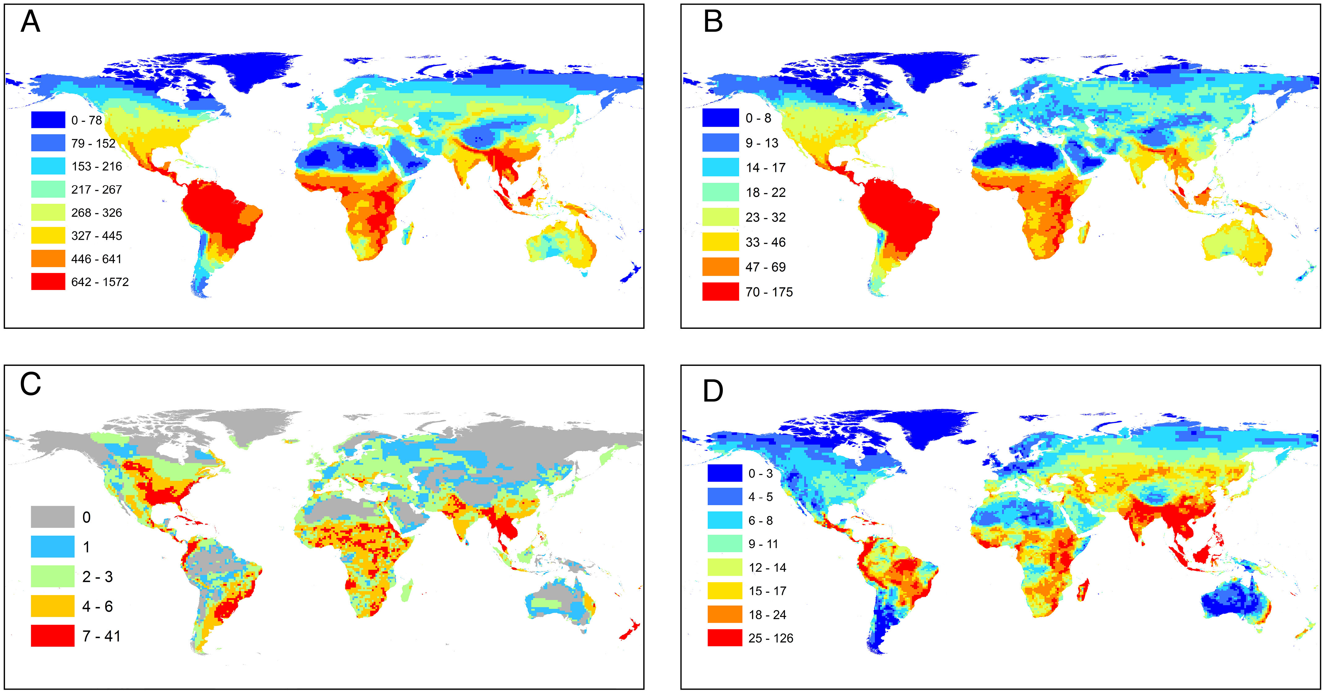 Patterns of distribution of extinct and extant land vertebrate genera. Most genera and monotypic ones are concentrated in tropical and subtropical regions of all continents. Patterns of distribution of extinction and extinction risk are different, showing some temperate regions such as Eastern US as concentration hotspots. (A) Total genera; (B) Monotypic genera; (C) Extinct genera and species; (D) Endangered (CR, EN, VU) genera. Graphic: Ceballos and Ehrlich, 2023 / PNAS