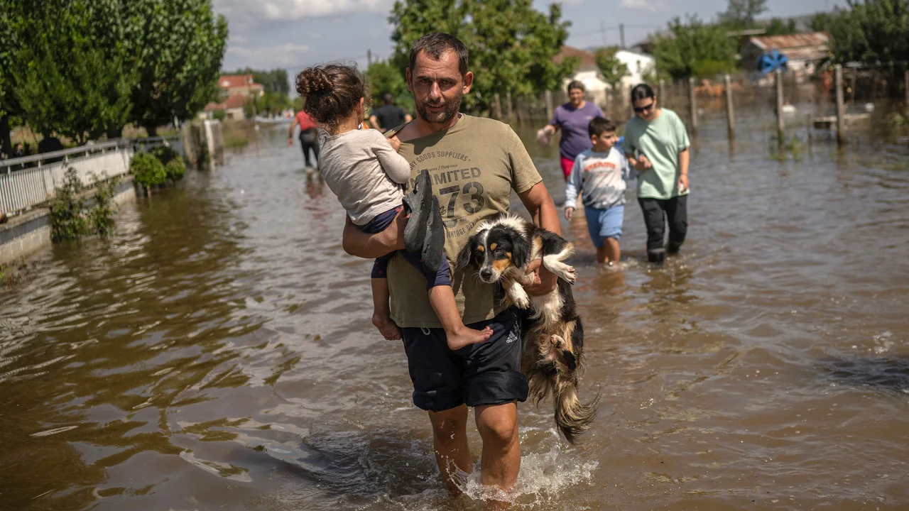 A man carries a girl and a dog in the flooded village of Palamas near the city of Karditsa, central Greece, on 8 September 2023. Photo: Angelos Tzortzinis / AFP / Getty Images